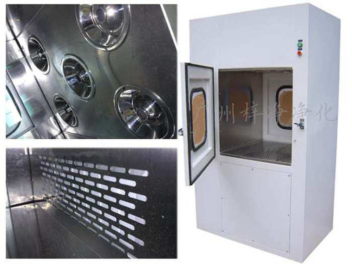 風(fēng)淋傳遞窗通過高效空氣過濾器、風(fēng)淋噴嘴吹淋